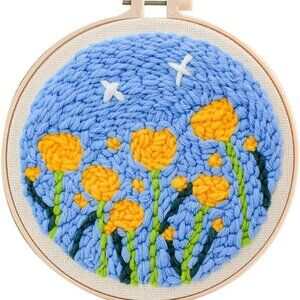 Adult Floral Punch Needle Kit with Fabric Hoops, Yarns, Needles, 8-inch